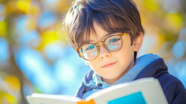 Bright Young Mind: Close-up Portrait of a Child with Glasses Reading Book Outdoors in Golden Hour Light with Bokeh Effect
