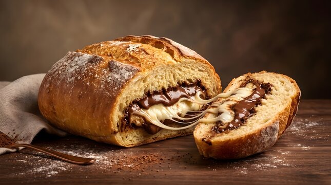 Fresh artisan bread filled with rich melted chocolate, sliced and presented on a rustic wooden table in a warm bakery setting.