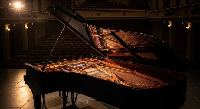 Elegant Grand Piano Illuminated by Dramatic Stage Lighting.