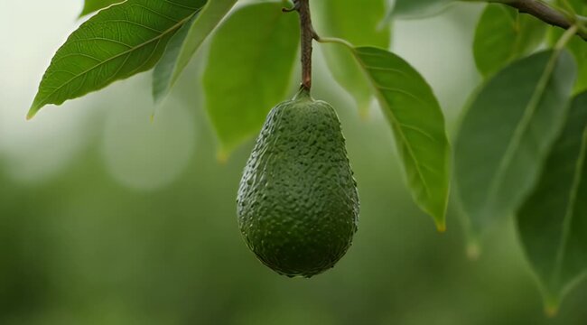 Organic Ripening Avocado Growing on a Tree Branch in a Tropical Orchard with Soft Bokeh Background and Rain Drops