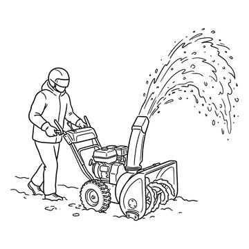 Line art illustration of a person operating a snow blower machine