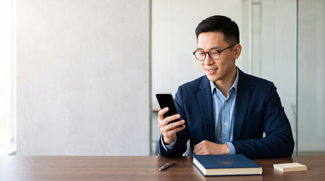 Asian businessman using smartphone at modern office desk. Corporate lifestyle, communication and technology concept