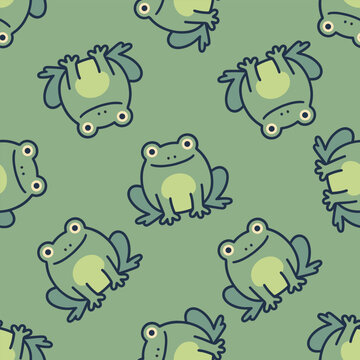 Seamless pattern of green cartoon frogs