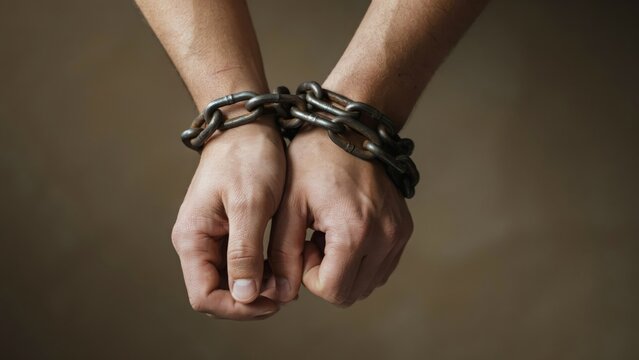 Close up of a persons hands bound together with heavy metal chains, representing captivity, restriction, or loss of freedom