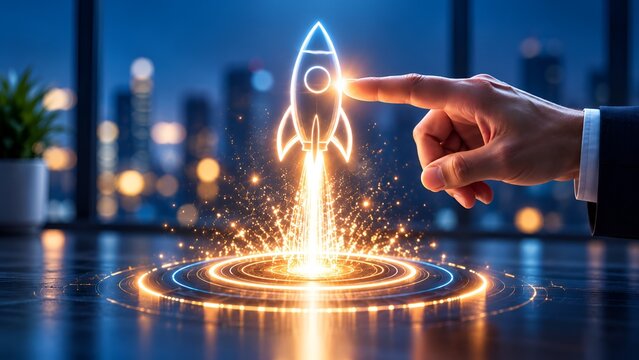 Business startup launch concept with glowing rocket hologram activated by businessman hand in modern office