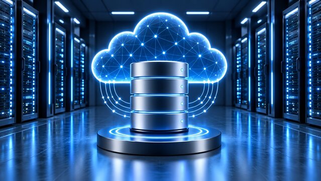 Enterprise cloud storage database system operating inside glowing high tech server room data center