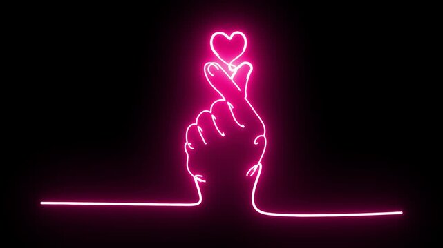 Continuous glowing pink line art animation of a hand showing a mini finger heart sign.   