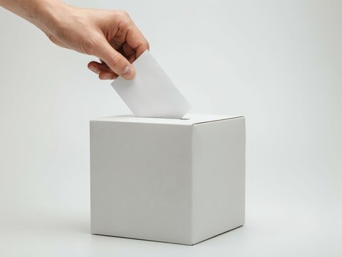 Hand putting a blank ballot paper into a white voting box isolated on white background