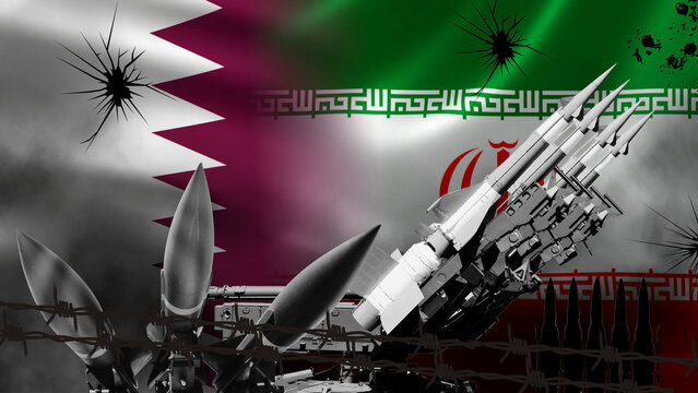 Qatari and Iranian warfare, the modernization of the Qatari and Iranian military defense systems, and geopolitical war risk indicators. The Qatari and Iranian flags, bullet holes, and barbed wire 