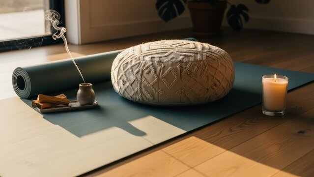 Serene Yoga Mat with Meditation Cushion and Incense.