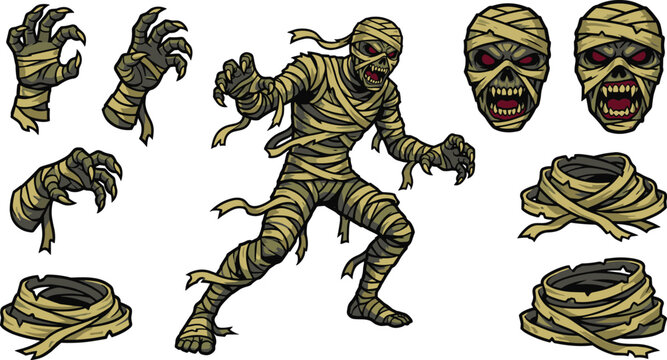 Spooky Halloween mummy character vector set featuring creepy wrapped zombie monster full body heads and claw hands