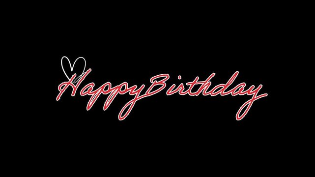 Animated Happy Birthday Text with Heart Symbol on Black Background in 4k alpha channel