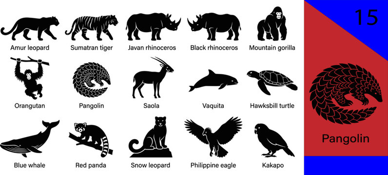 Black endangered silhouette icons set leopard tiger rhinoceros gorilla orangutan pangolin saola vaquita turtle whale panda eagle kakapo editable vector