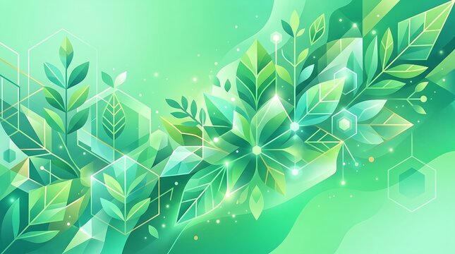 Green leaves and glowing hexagons in a futuristic nature scene