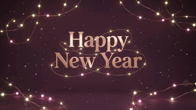 Elegant new year rose gold lettering on a dark plum purple studio background, perfect for festive b roll.