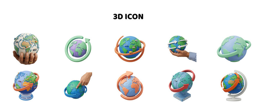 3D Rendered Globe Models with Axes Showing Earth Rotation and Tilt for Educational and Scientific Presentations isolated on transparent background