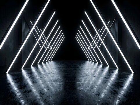 Minimalist futuristic corridor with intersecting neon-lit geometric frames creating hypnotic light patterns on reflective concrete floor