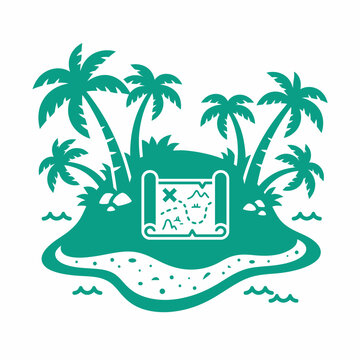Tropical island with palm trees and treasure map vector silhouette