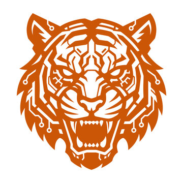 Orange robotic tiger head mascot with cybernetic circuit details