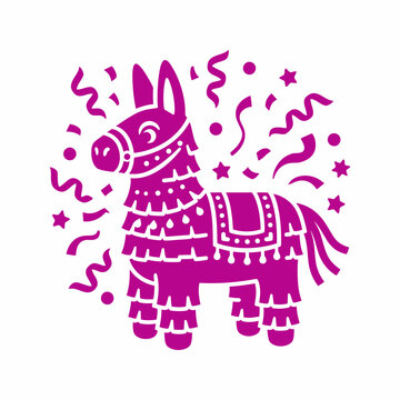 Festive donkey pinata icon with scattered confetti