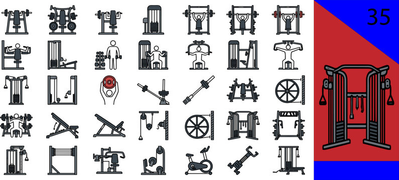 Black gym fitness equipment icons set exercise machine strength workout bench cable crossover bike barbell dumbbell editable vector