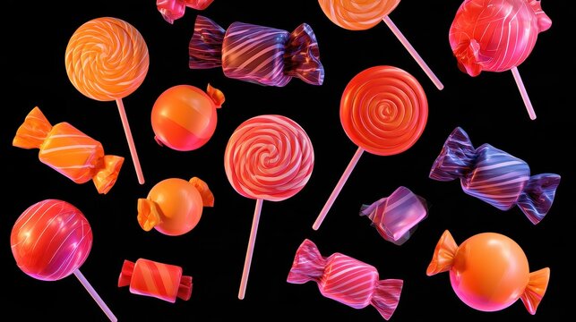 Candy collection, lollipops and wrapped sweets, vibrant Halloween palette, isolated composition, 3D render illustration. 