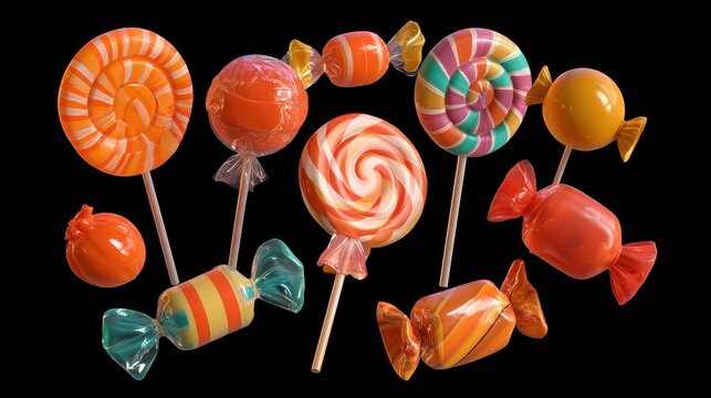 Candy collection, lollipops and wrapped sweets, vibrant Halloween palette, isolated composition, 3D render illustration. 