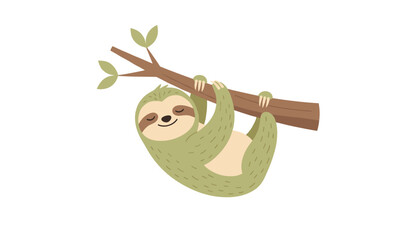Obraz premium Adorable cartoon sloth sleeping and hanging peacefully from a tree branch isolated on a white background.