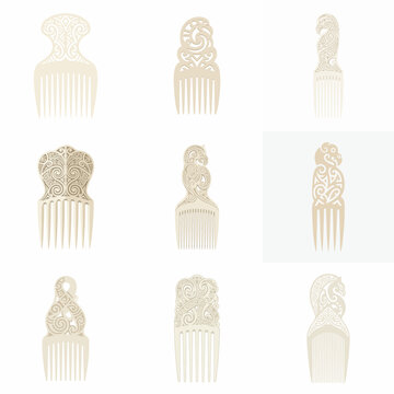 Traditional Maori Style Carved Hair Combs Collection Tribal Vector Art