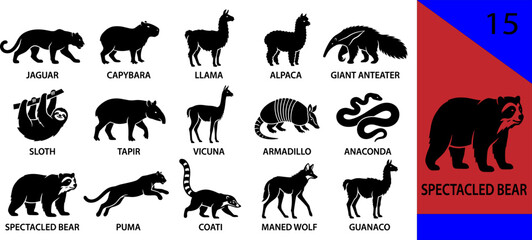 Fototapeta premium Black South American animal silhouette icons set jaguar capybara anteater sloth tapir armadillo bear puma coati wolf guanaco editable vector