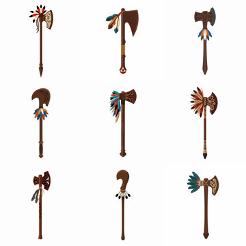 Set Of Indigenous Tribal Axes And Tomahawk Vector Icons