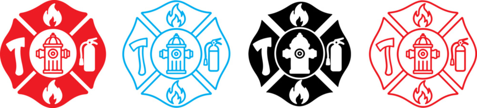 Set of firefighter department emblems with hydrant and fire tools