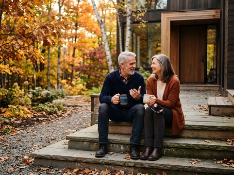 Serene Autumn Morning Couple Sharing Warm Coffee Conversation on Rustic Wooden Steps Amidst Golden Fall Foliage and Cozy Home