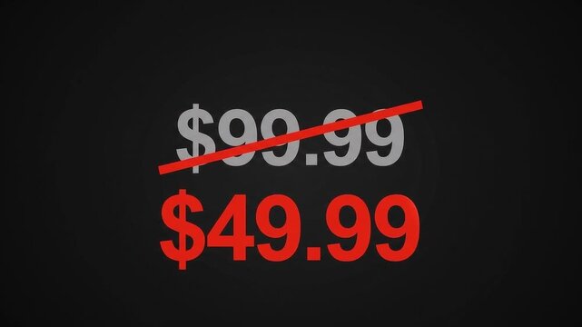Price drop animation showing old ninety nine dollars crossed out into new lower price