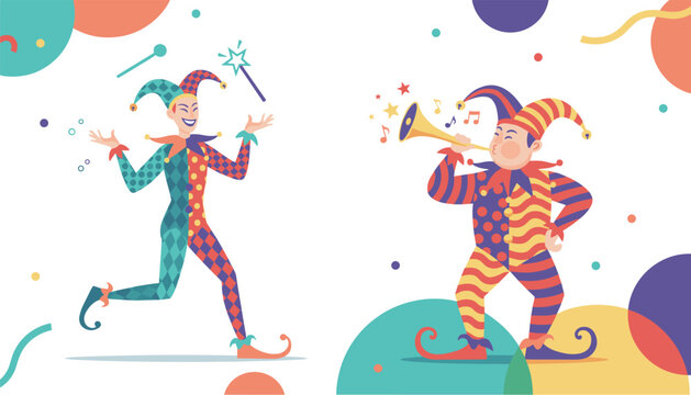 Two colorful medieval jesters wearing traditional jester hats performing tricks and playing a trumpet horn.