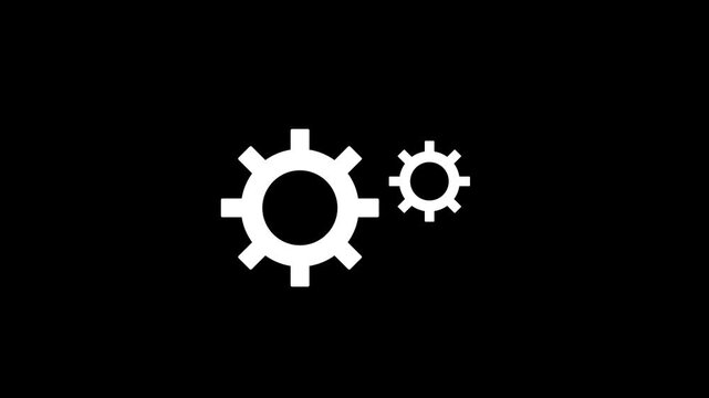 White gears and cogs icon animated on black background. 4k