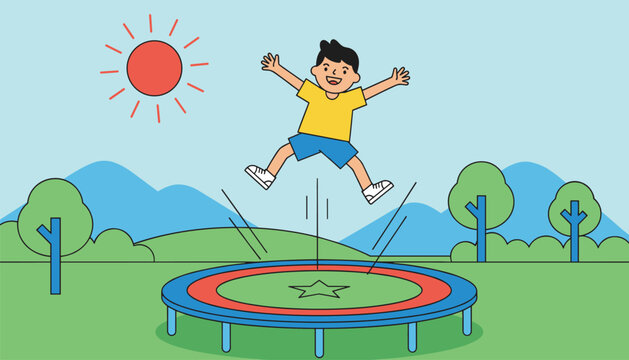 Cheerful young boy jumps high into the air on a backyard trampoline under a bright red sun and blue mountains.