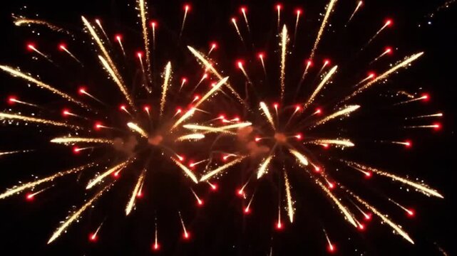 Brilliant golden and red fireworks exploding and lighting up the dark night sky video footage