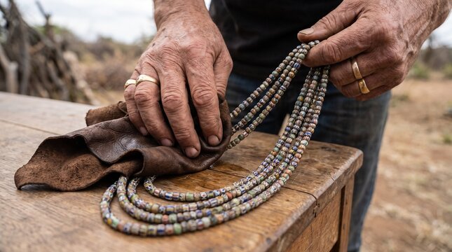 High-angle close-up of hands anointing finished ancestral bead work collar with botanical oil cloth outdoors