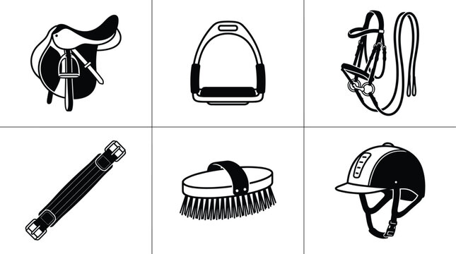 Equestrian equipment and horse riding gear vector icon set with saddle stirrup bridle girth brush and safety helmet