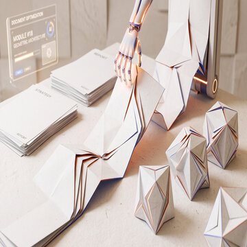 Robotic hand shaping paper geometric origami structures for document design concept