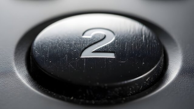 Macro close up of black circular button with engraved number two on electronic control panel