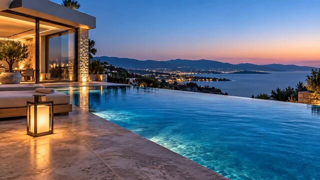 Luxury Infinity Pool Overlooking Tropical Ocean at Sunset