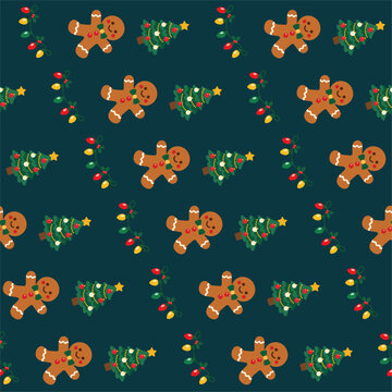 Seamless Christmas Pattern Featuring Gingerbread Men, Decorated Trees, and Festive Lights on Green