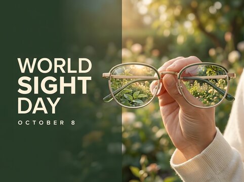 Person holding eyeglasses to focus on a beautiful blurred garden background for world sight day awareness