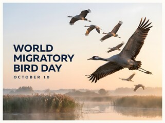Obraz premium World migratory bird day celebration poster featuring a flock of cranes flying over a misty wetland