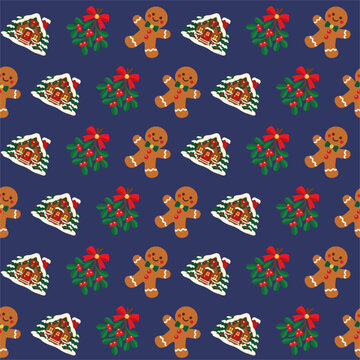 Christmas Seamless Pattern with Gingerbread Man, Mistletoe, and Snow Covered House on Blue Background