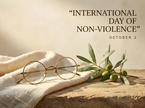 International day of non violence concept with vintage glasses and olive branch on rustic wooden table