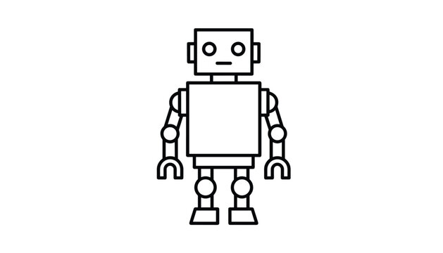 Simple black line art illustration of a classic retro toy robot standing straight on a plain white background.