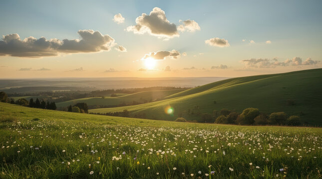 Lucid realism landscape featuring rolling green hills beneath glowing sunset sky